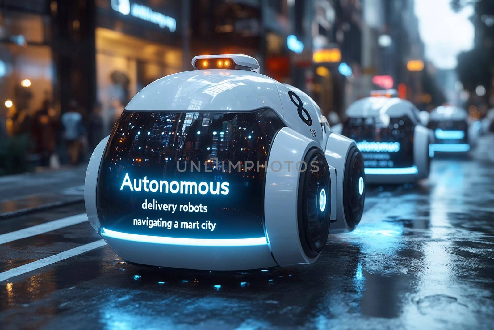 A line of delivery robots moves down a wet city street, showcasing advanced technology while bustling pedestrians pass by.