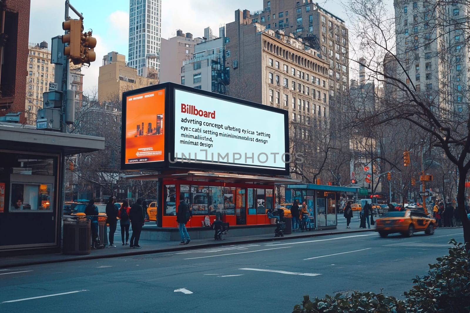 A striking billboard in busy Manhattan showcases minimalist design amid the afternoon hustle.