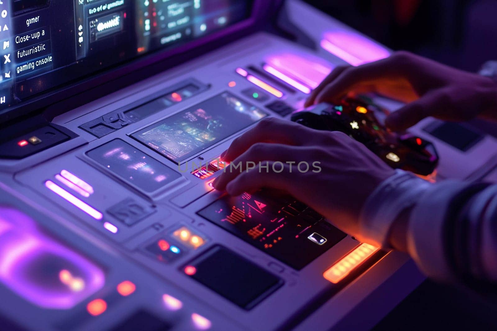 Fingers expertly navigate a high-tech gaming console while colorful lights illuminate the surroundings in an immersive atmosphere.