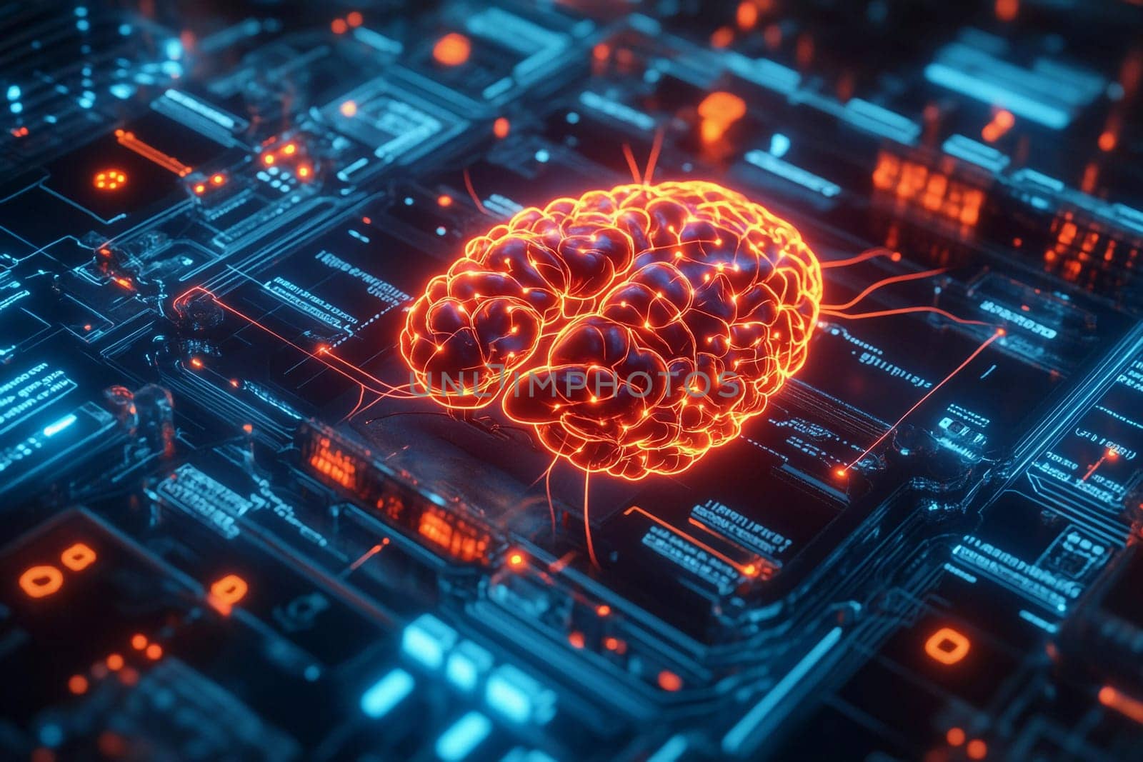 An intricate neon brain design rests on circuits, showcasing glowing pathways in a futuristic environment filled with technology.
