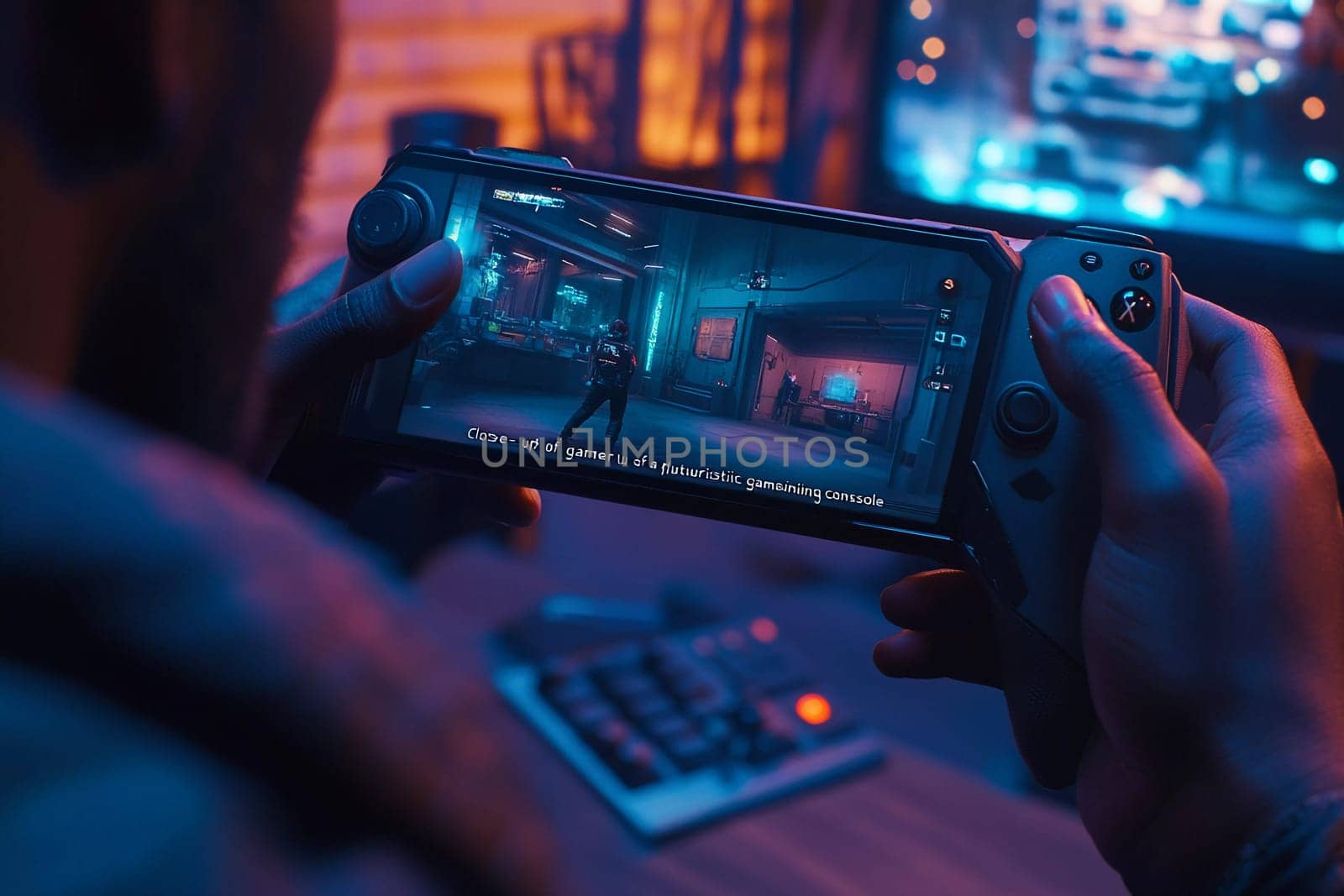 A person is immersed in a mobile game on a sleek handheld console, surrounded by colorful lighting in a cozy room.