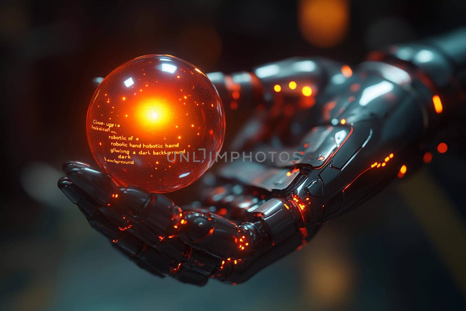 A robotic hand demonstrates advanced technology by holding a glowing orb in a dark setting, emphasizing innovation and creativity.