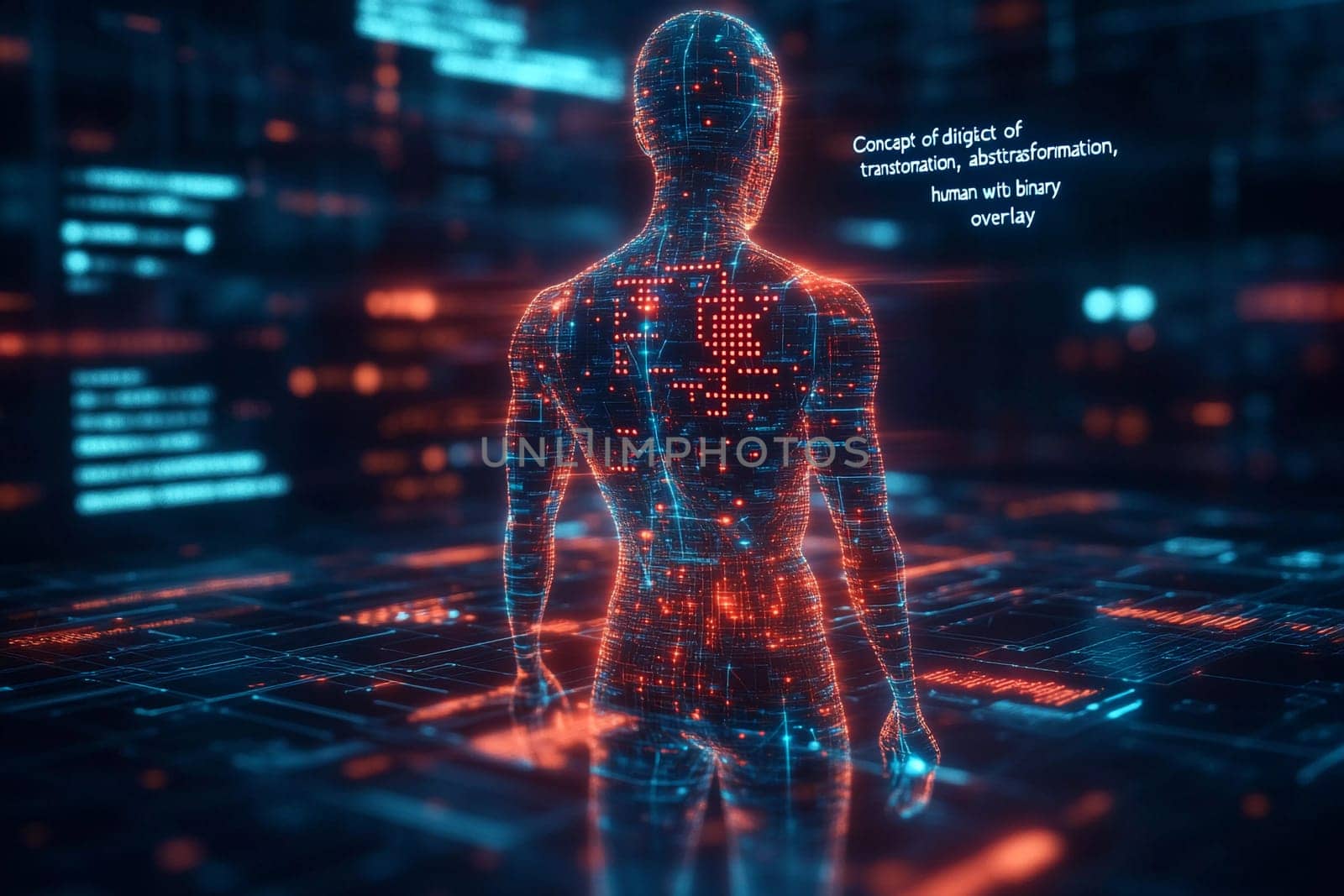 A human figure composed of digital elements stands amidst a backdrop of glowing data, representing transformation and abstraction in technology.