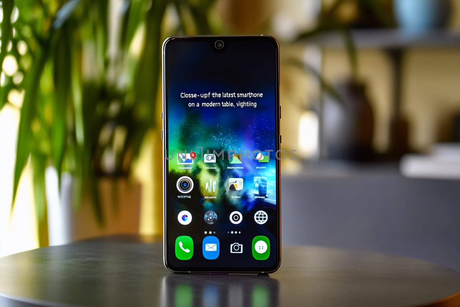 A contemporary smartphone is prominently displayed on a sleek table, showcasing its screen with various apps against a stylish backdrop.