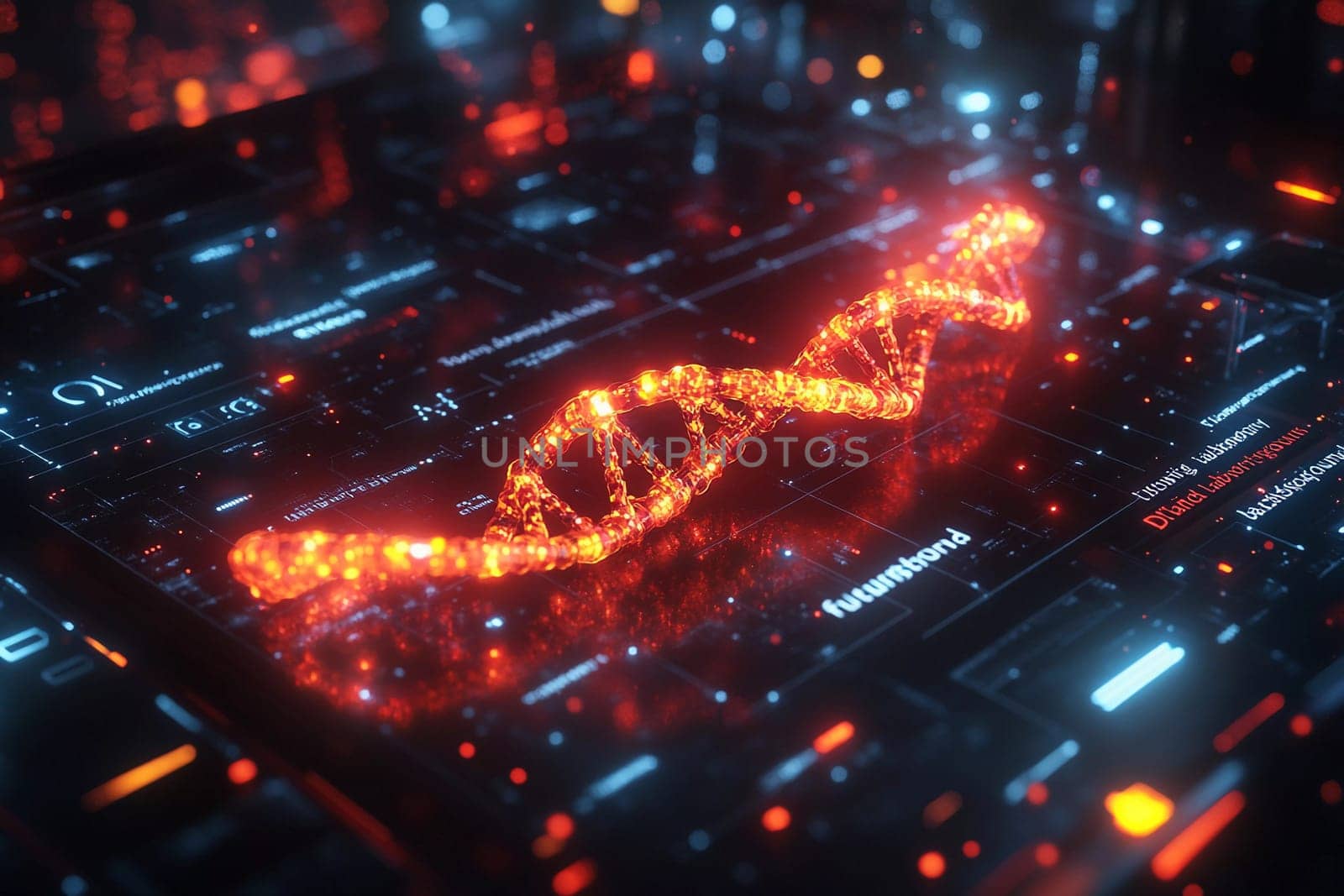 Glowing DNA double helix structure displayed on a modern digital interface with vibrant lights in a tech-themed environment.