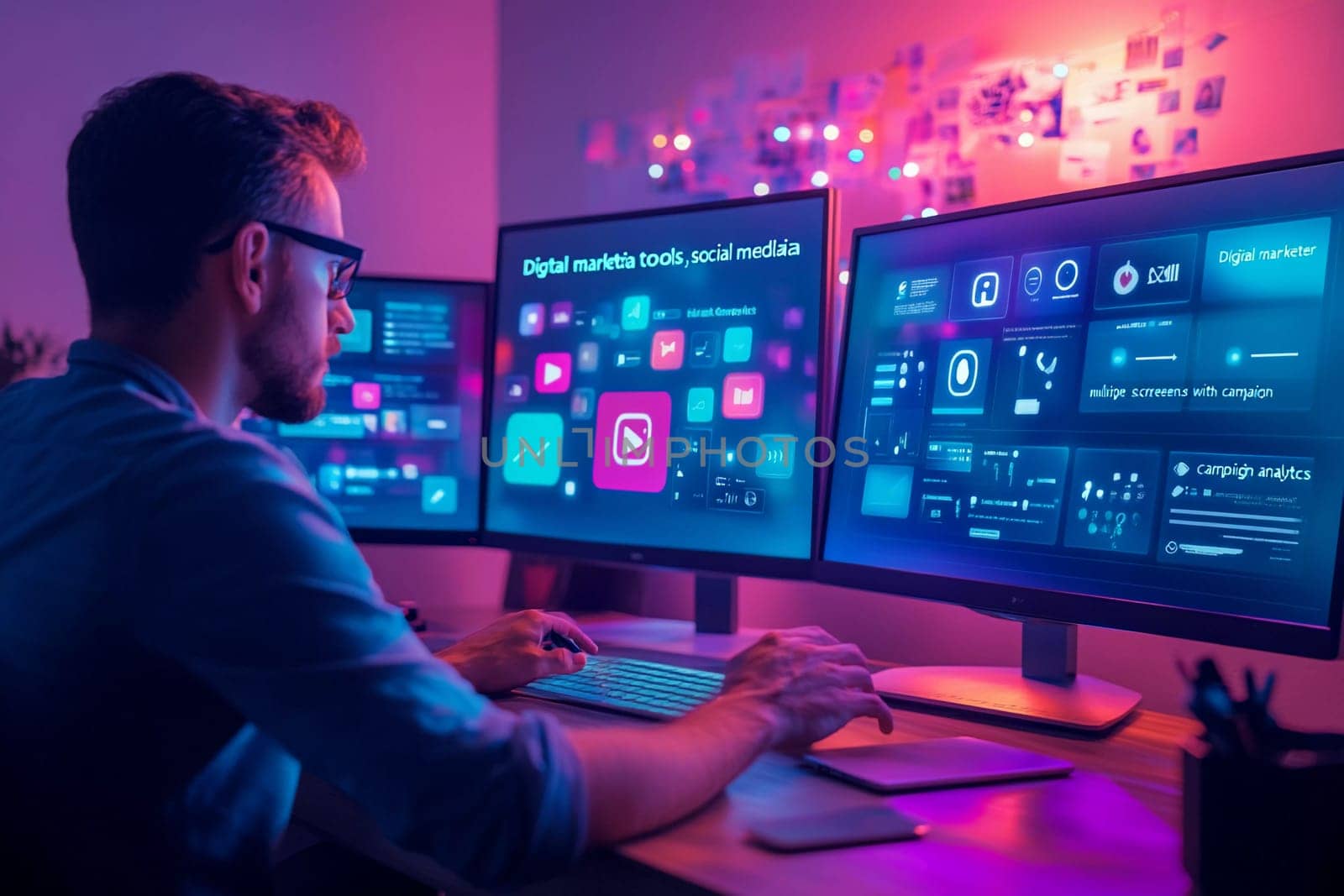 Individual engaged in digital marketing tasks, examining analytics and social media trends in a vibrant, tech-savvy environment.