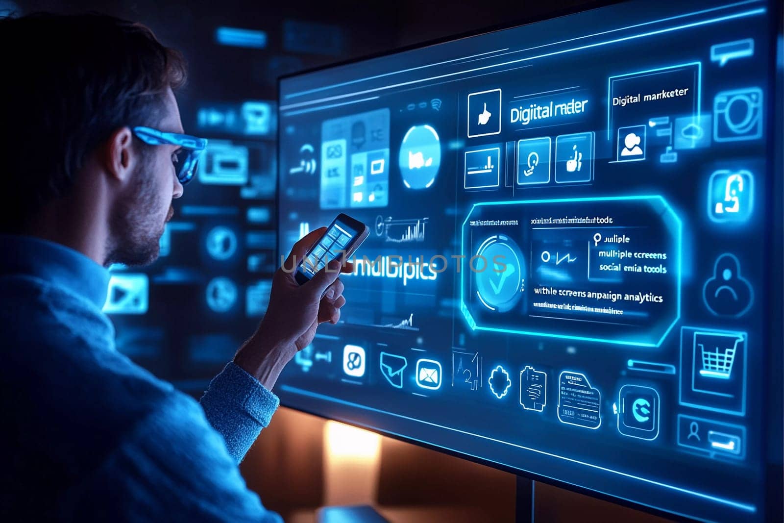 A digital marketer engages with a holographic display, analyzing various data points related to social media and marketing strategies.