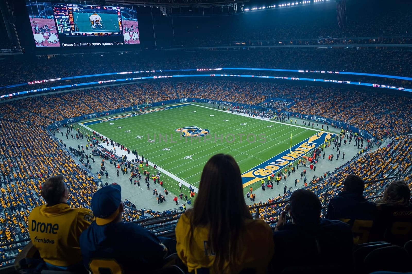 Lively atmosphere as fans eagerly watch the intense football match at a crowded stadium, showcasing team pride and passion.