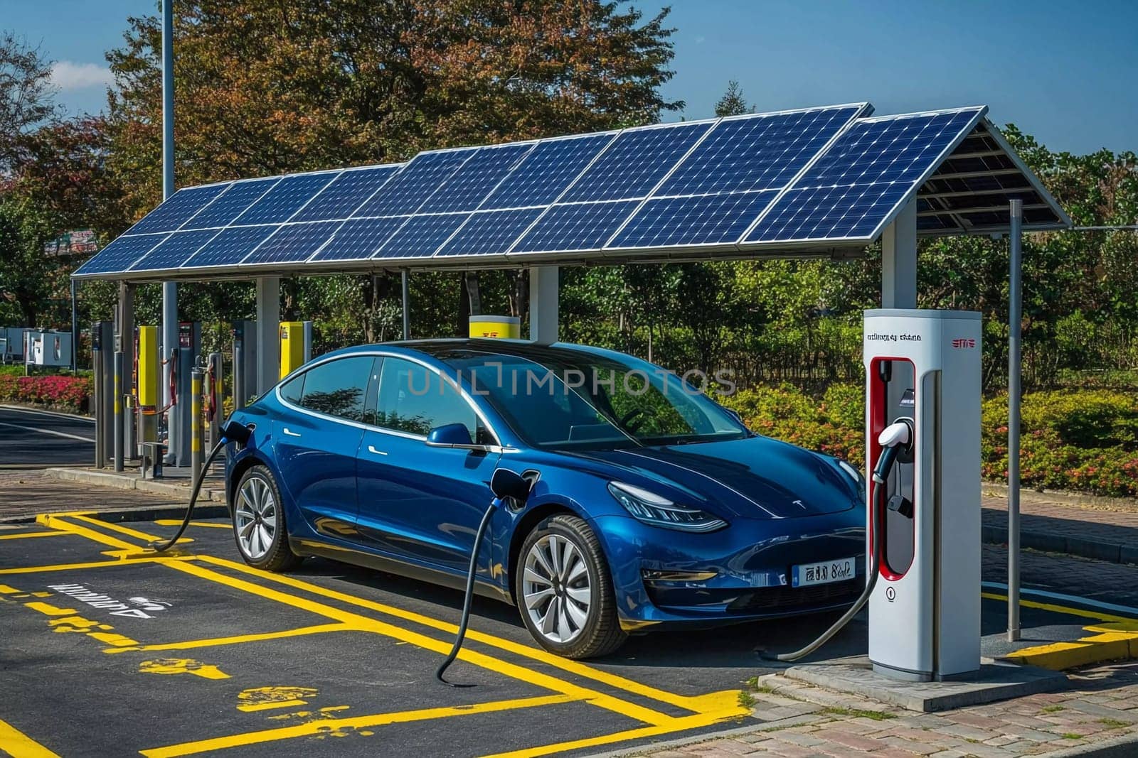 A blue electric vehicle is charging at a station powered by solar panels in a green outdoor environment, showcasing sustainable energy use.