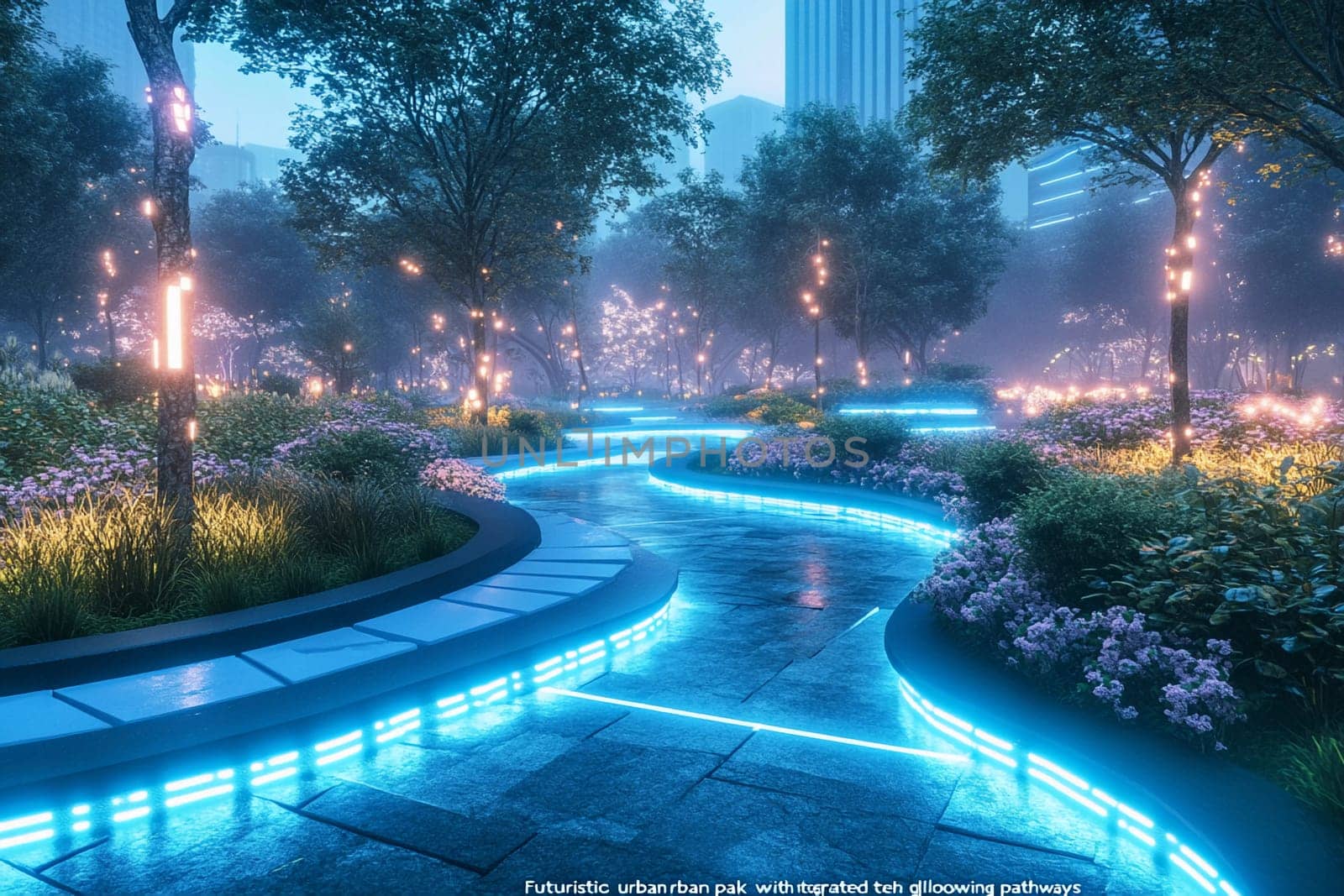 Lush urban park showcases winding paths lined with glowing lights, surrounded by vibrant flowers and trees under a twilight sky.