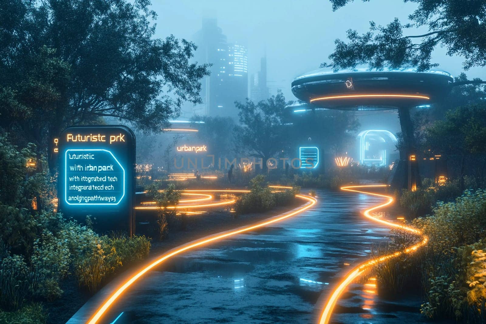 A vibrant urban park showcases advanced technology amidst greenery, with glowing pathways and interactive installations under a misty sky.