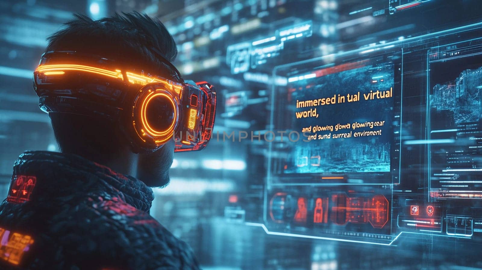 A person wearing a high-tech virtual reality headset engages with immersive digital interfaces in a futuristic cityscape during nighttime.