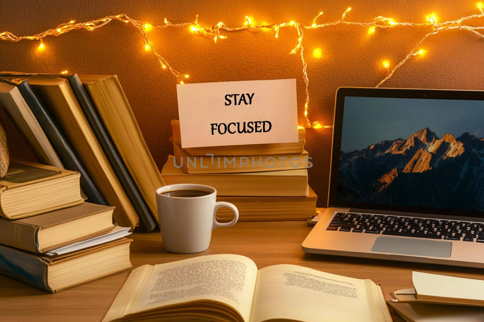 A cozy workspace features stacked books, a steaming coffee cup, a laptop displaying mountains, and a motivational sign emphasizing focus.