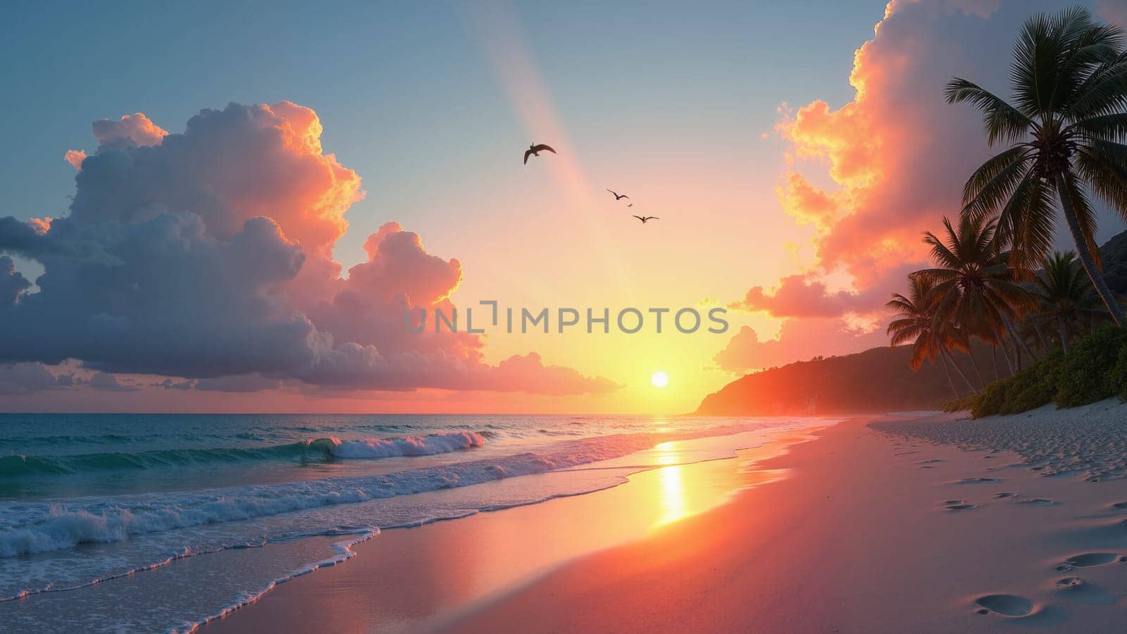 A beautiful sunset over the ocean with a bird flying in the sky. The sky is filled with clouds and the sun is setting. The beach is calm and peaceful, with the waves gently lapping at the shore