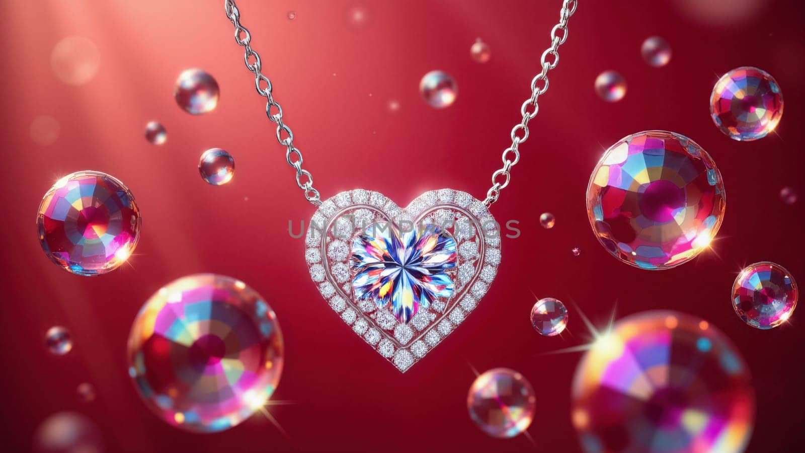 A necklace with a heart pendant is surrounded by a bunch of colorful bubbles. The necklace is made of diamonds and is set in a gold chain. The bubbles are of different sizes and colors