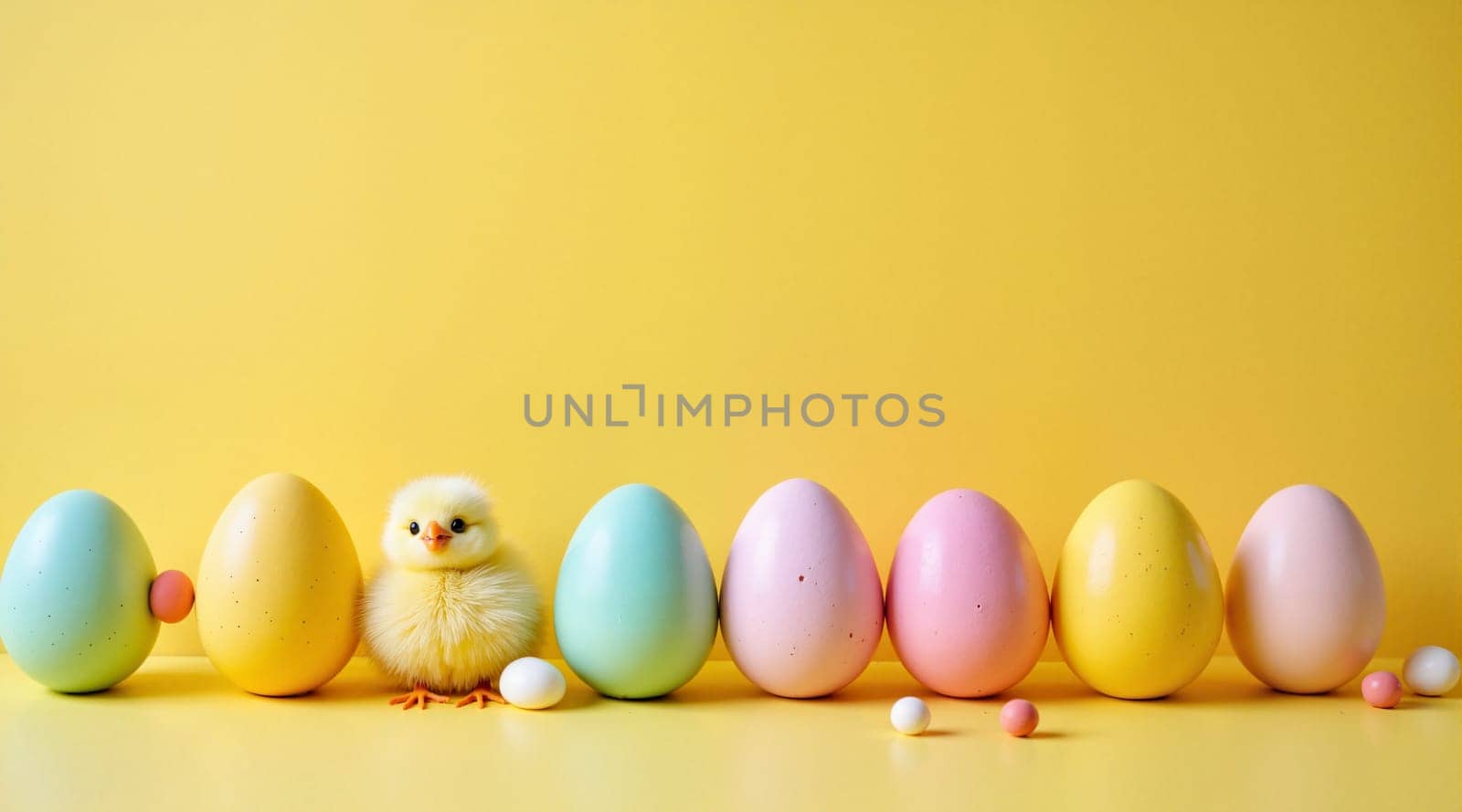 A yellow background with a row of colorful eggs and a small yellow chick. The chick is in the middle of the row of eggs, and it seems to be looking at the camera