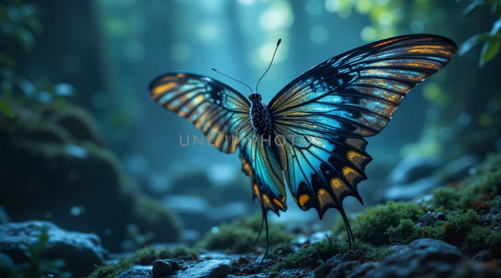 A butterfly with blue wings is standing on a rock. The butterfly is surrounded by green moss and rocks. The image has a serene and peaceful mood, as the butterfly is standing still and not flying