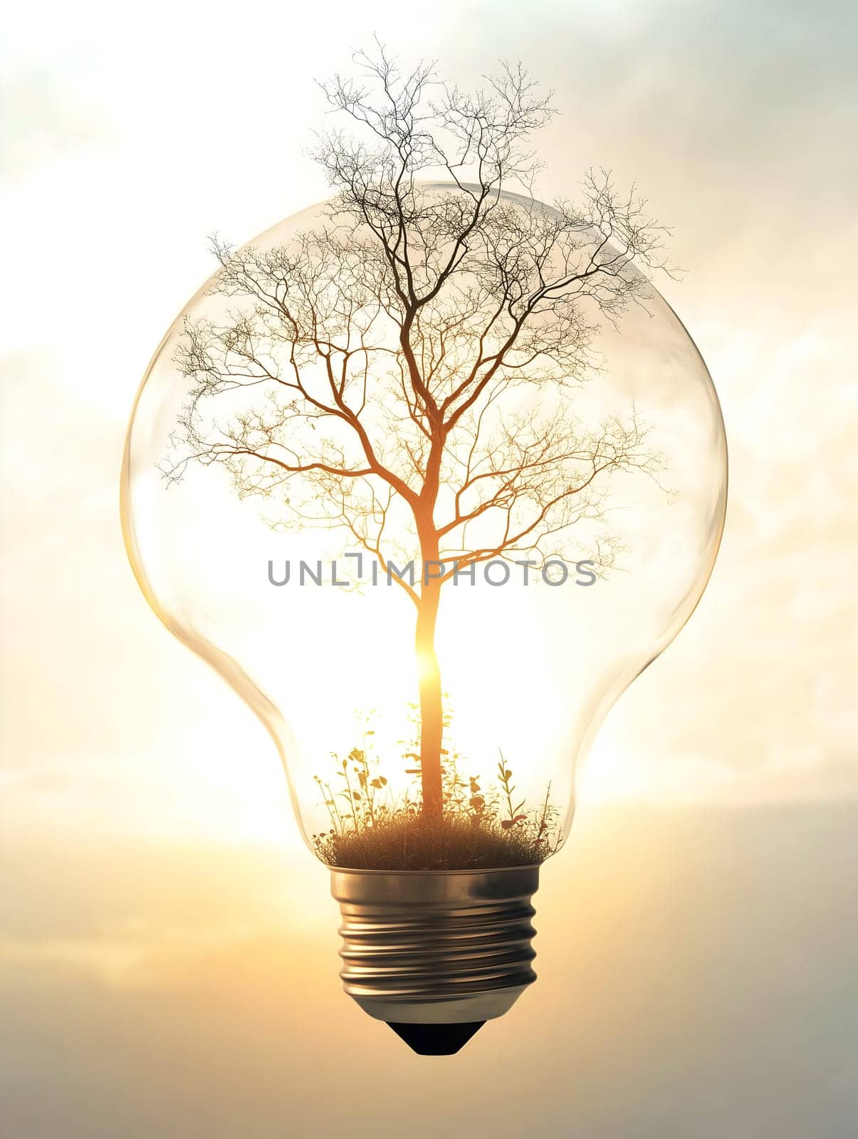 A creative concept of a transparent light bulb containing a tree, illuminated by sunlight. This symbolic image represents sustainability, renewable energy, environmental conservation, and eco-friendly innovation.