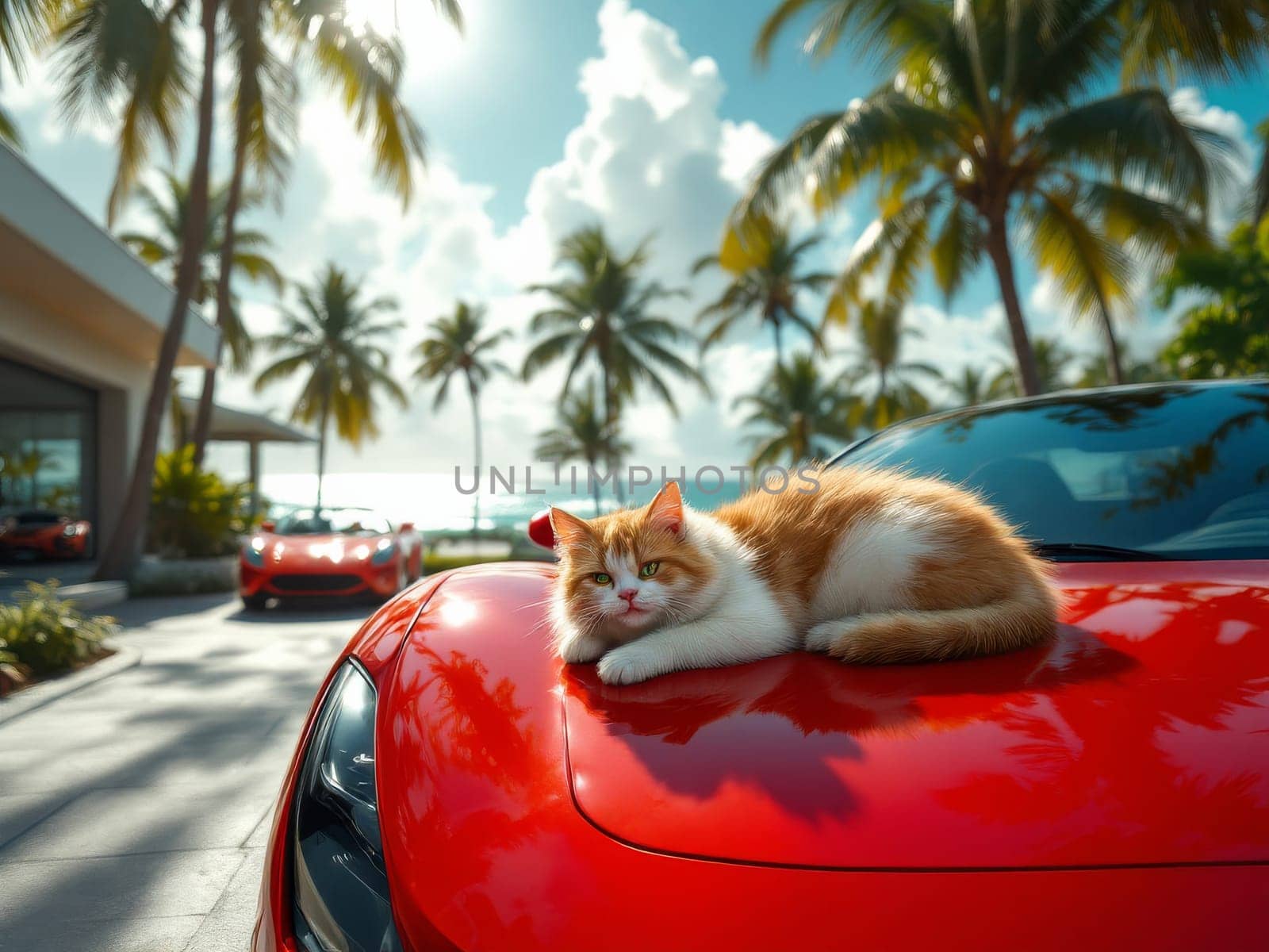 Ginger and white cat lying on a red sports car parked in a tropical driveway near the beach. Ai generated