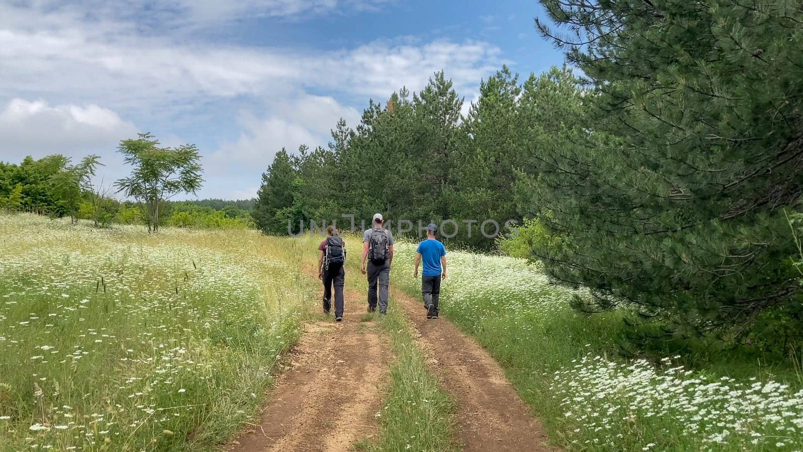 A scenic view of three hikers trekking through a lush green forest trail bordered by blooming wildflowers under a partly cloudy sky - Bulgaria, Europe.