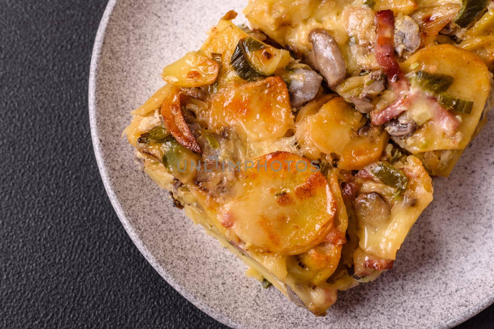 Shepherd's pie with potatoes, meat, vegetables, salt, spices and herbs on dark concrete background