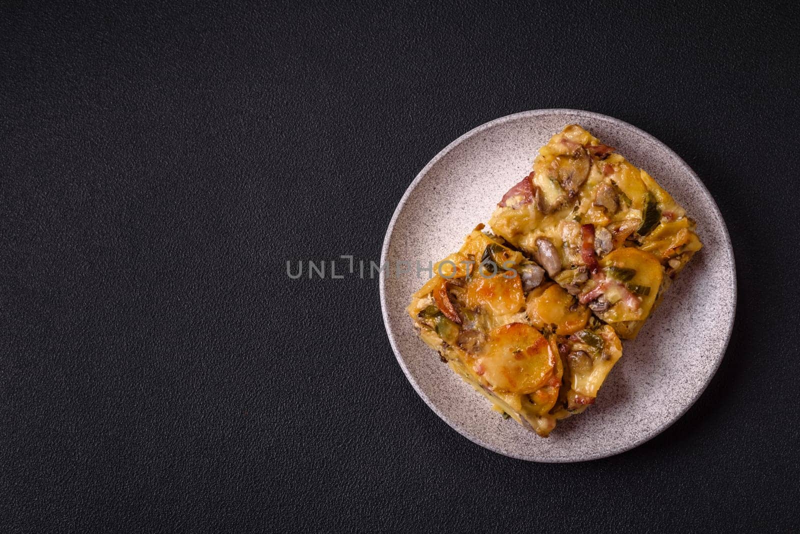 Shepherd's pie with potatoes, meat, vegetables, salt, spices and herbs on dark concrete background