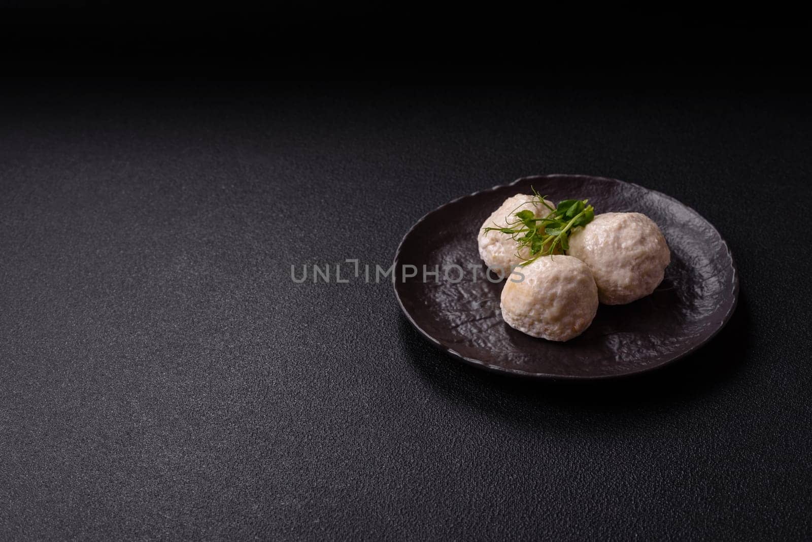 Delicious healthy steamed chicken cutlets or minced meatballs. Diet food dish