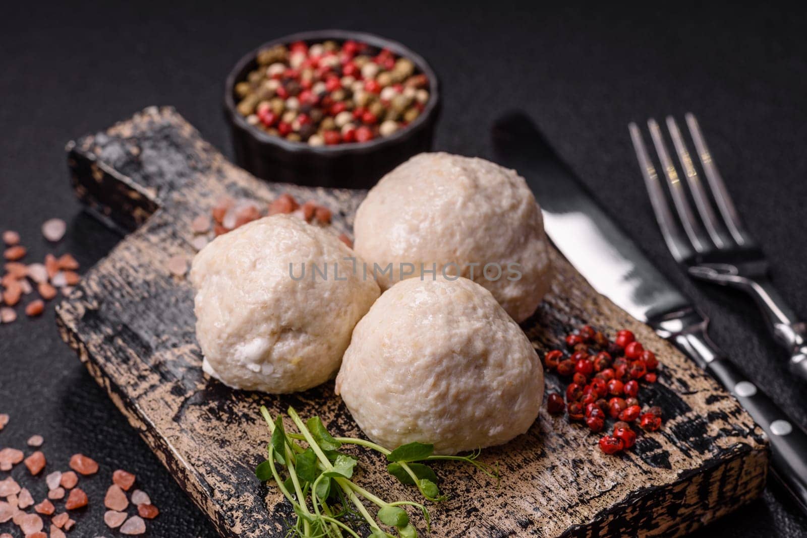 Delicious healthy steamed chicken cutlets or minced meatballs. Diet food dish