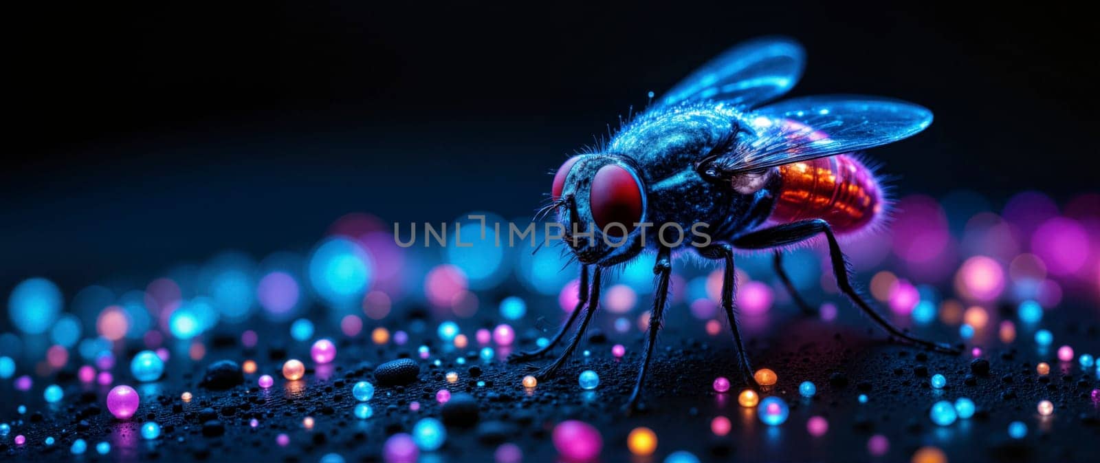 A fly is standing on a surface with many small, colorful beads. The fly is surrounded by a bright, colorful background, which creates a sense of movement and energy. The image is abstract and surreal