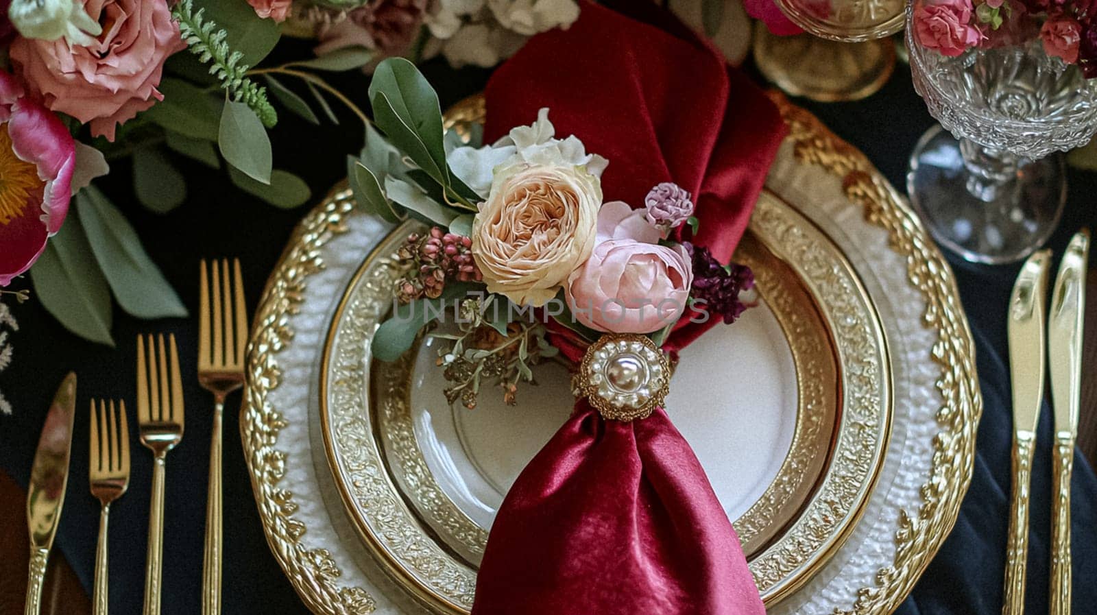 Elegant royal dining table adorned with luxurious floral arrangements for wedding or event, vintage tableware, and candles in a classic English countryside manor, creating a romantic and sophisticated atmosphere idea