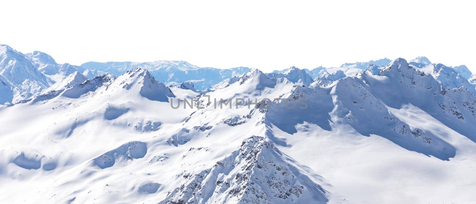 Panorama of winter mountains covered in snow isolated on white background. Mountain peaks in winter