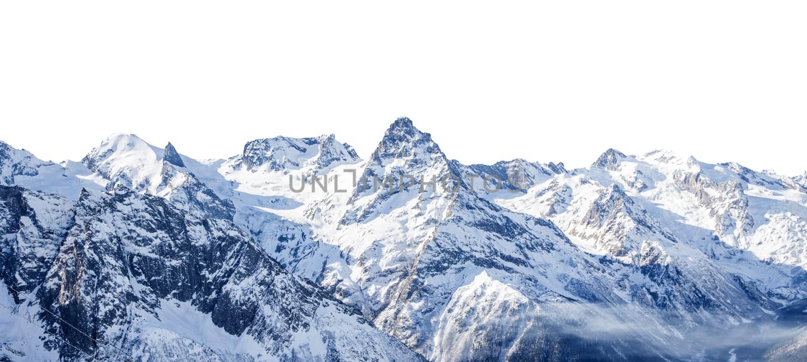 Panorama of winter mountains covered in snow isolated on white background. Mountain peaks in winter