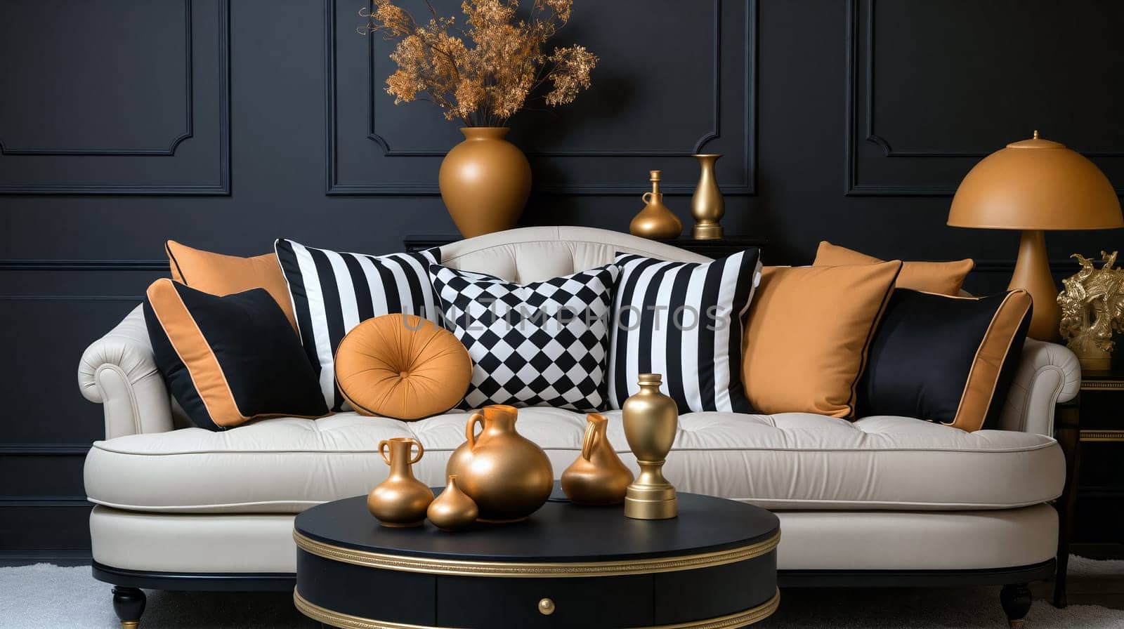 A beautifully decorated living room showcases a cream-colored sofa adorned with black and gold cushions - Generative AI