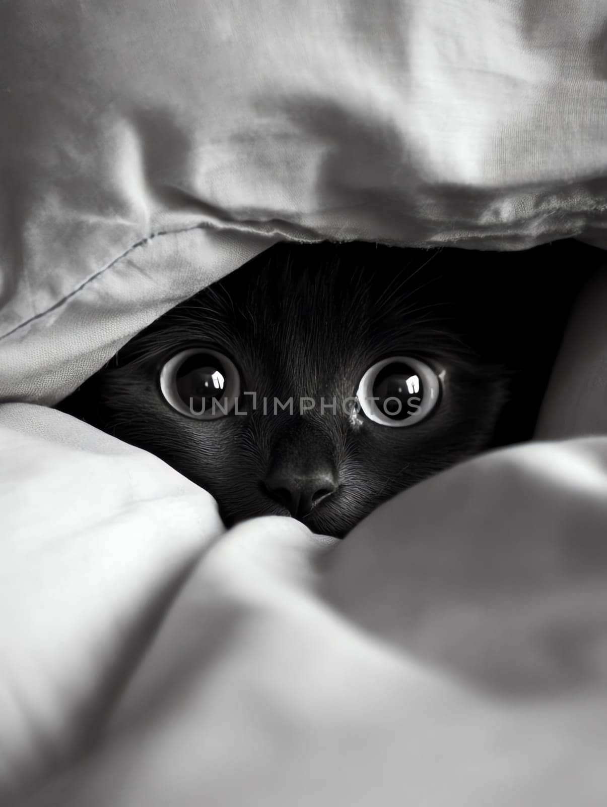 A black cat is peeking out from under a blanket. The cat has big eyes and is looking at the camera