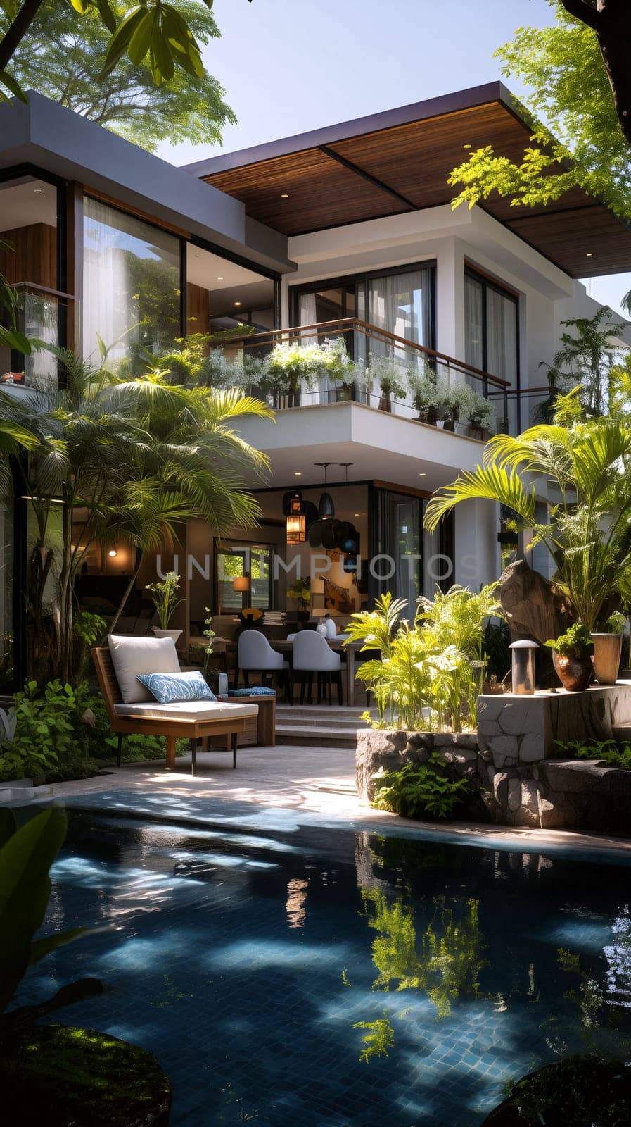 A contemporary villa nestled among vibrant plants features a tranquil pool. Bright sunlight enhances the peaceful atmosphere and lush surroundings - Generative AI