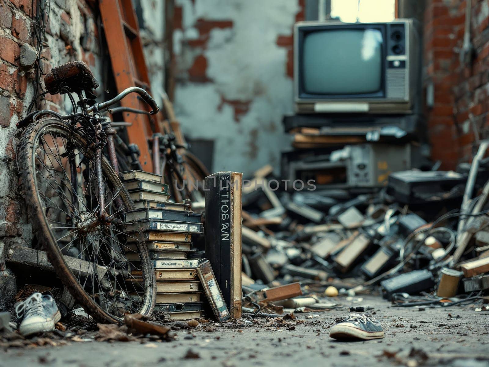 Old rusty bicycle leaning on brick wall with stack of books and vhs tapes, old tv and pile of electronic waste in abandoned building. Ai generated