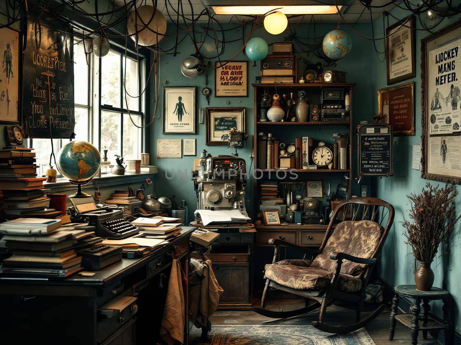 Cozy vintage writer's room filled with antique typewriters, globes, books, and a rocking chair, inspiring nostalgia and creativity. Ai generated