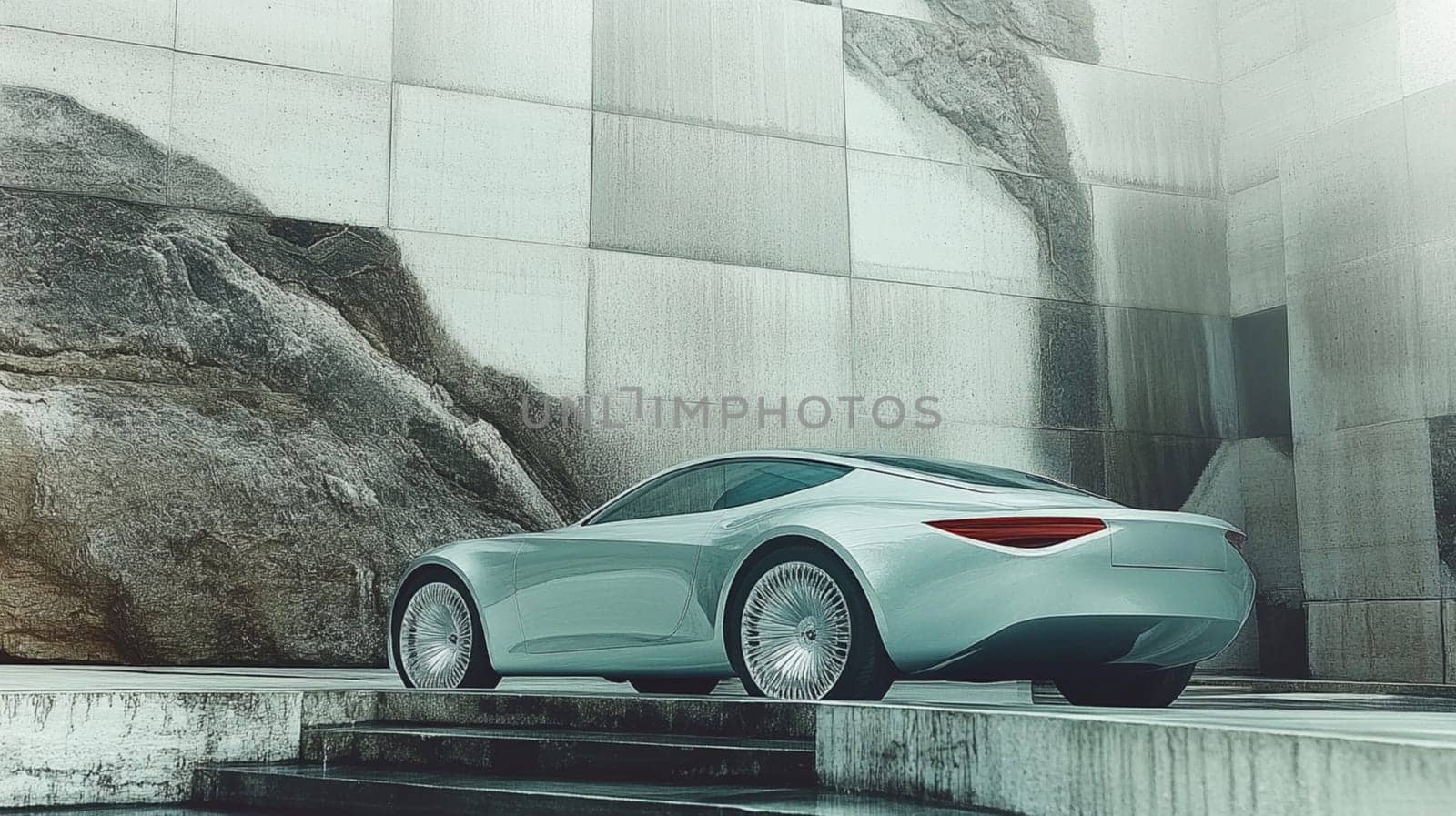 Modern silver sportscar is parked in front of a large concrete wall with a rocky cliff behind it. The image evokes feelings of luxury, wealth, and affluence