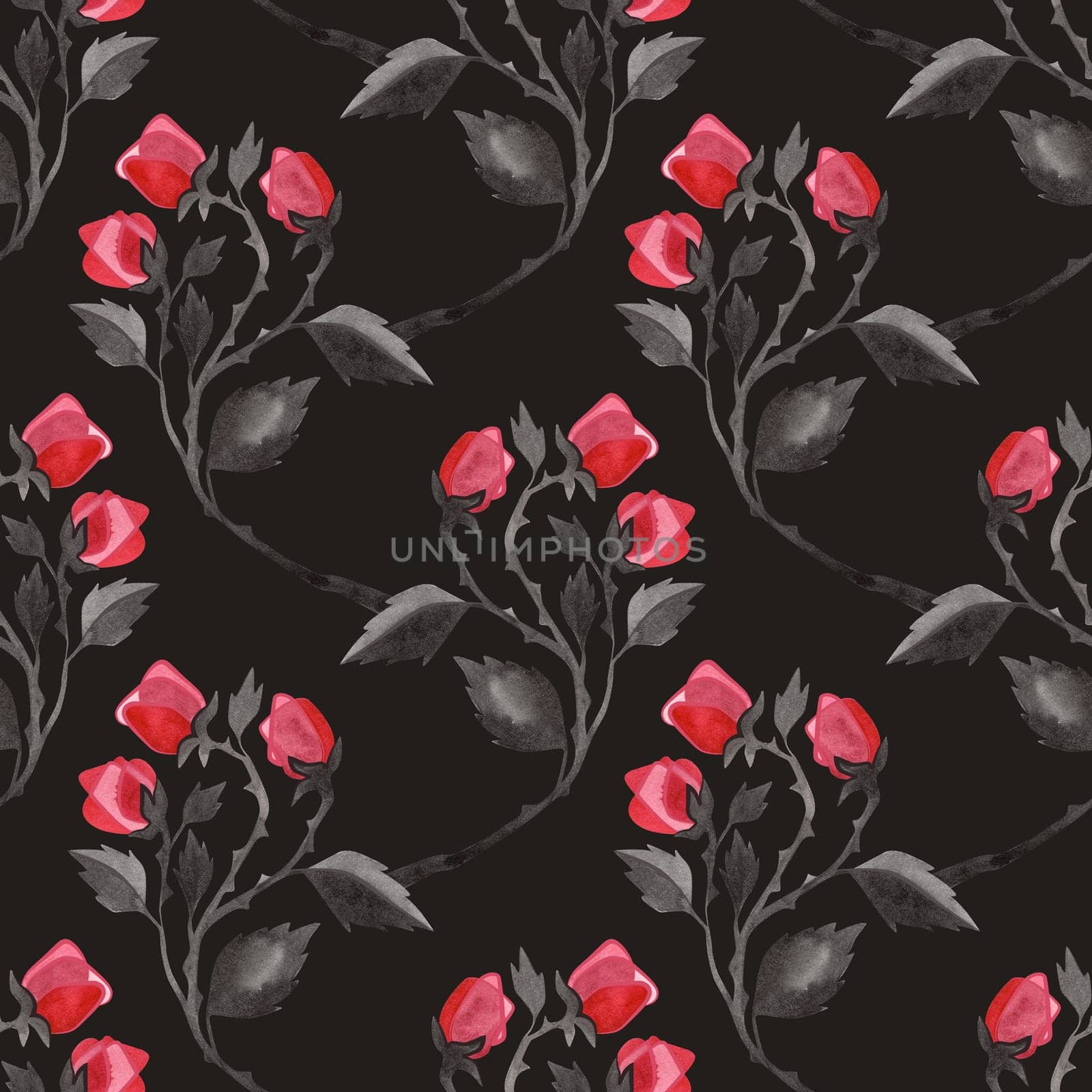 Pink roses with black stems in glamorous and gothic style. 90s and 00s aesthetics. Seamless watercolor pattern for wrapping paper and textiles for Valentine's Day