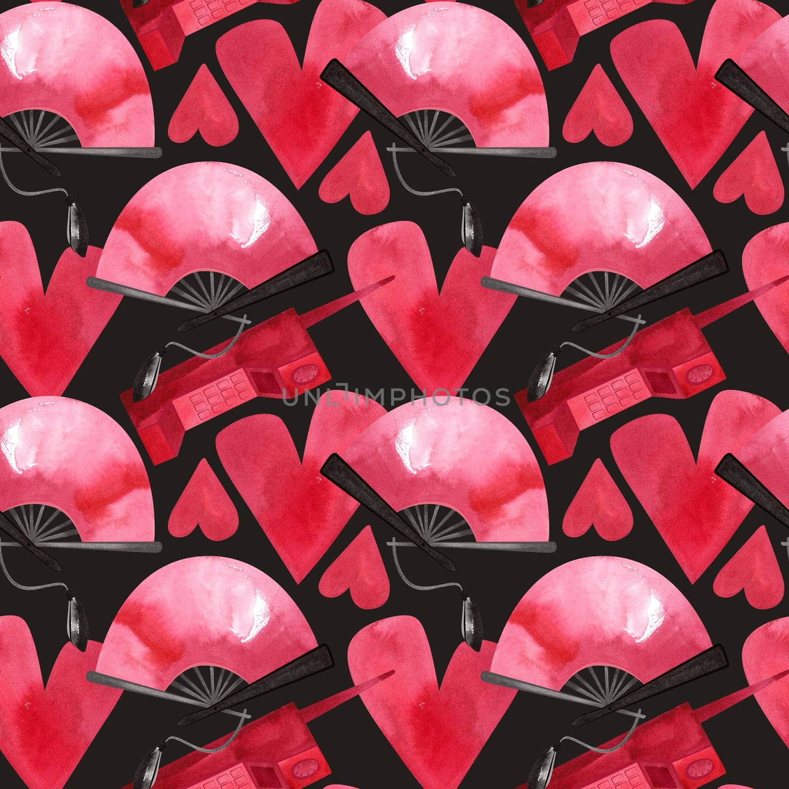 Watercolor seamless pattern for Valentine's Day in the aesthetics of glamorous girly American movies of the late 90s and early 2000s. Pink and black tones, lingerie, roses, fans, mobile phones, strawberries, hearts, kisses