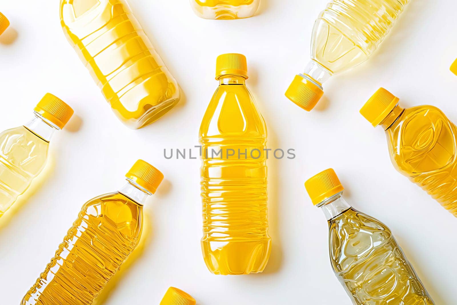 Plastic bottles filled with different types of vegetable oil. Concept of harvest and healthy food. Top view.