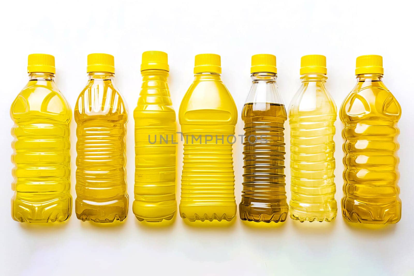 Plastic bottles filled with different types of vegetable oil. Concept of harvest and healthy food. Top view.