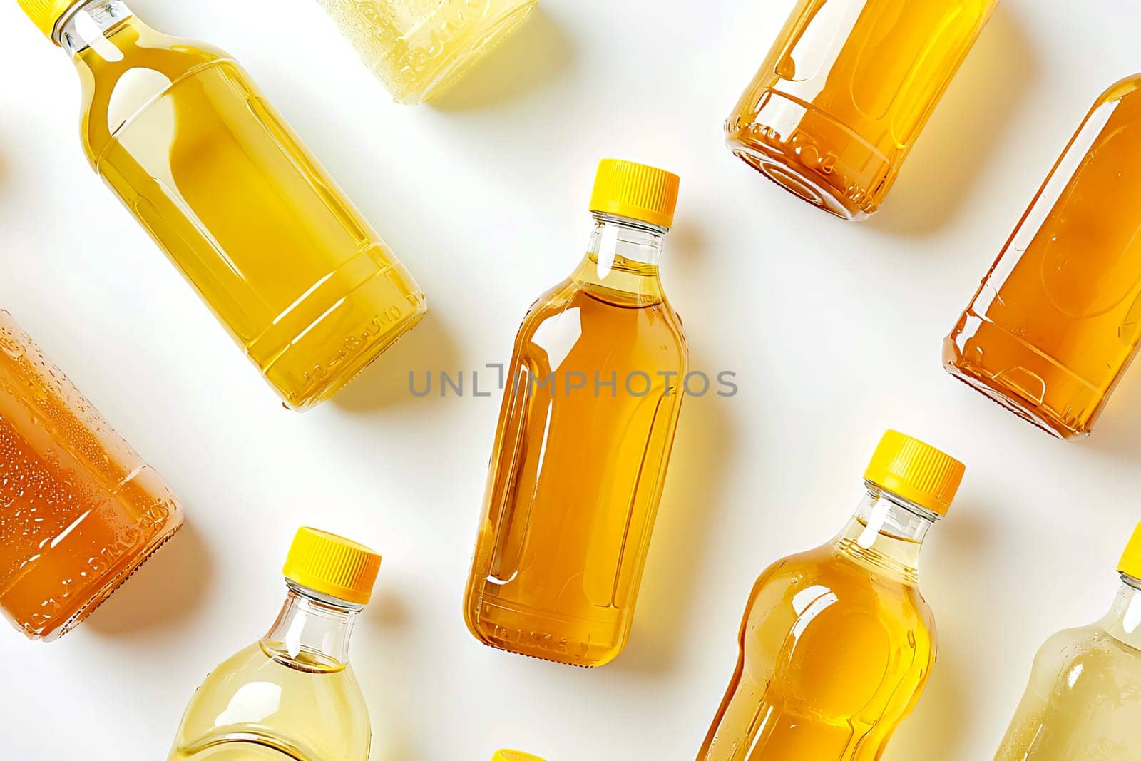 Plastic bottles filled with different types of vegetable oil. Concept of harvest and healthy food. Top view.