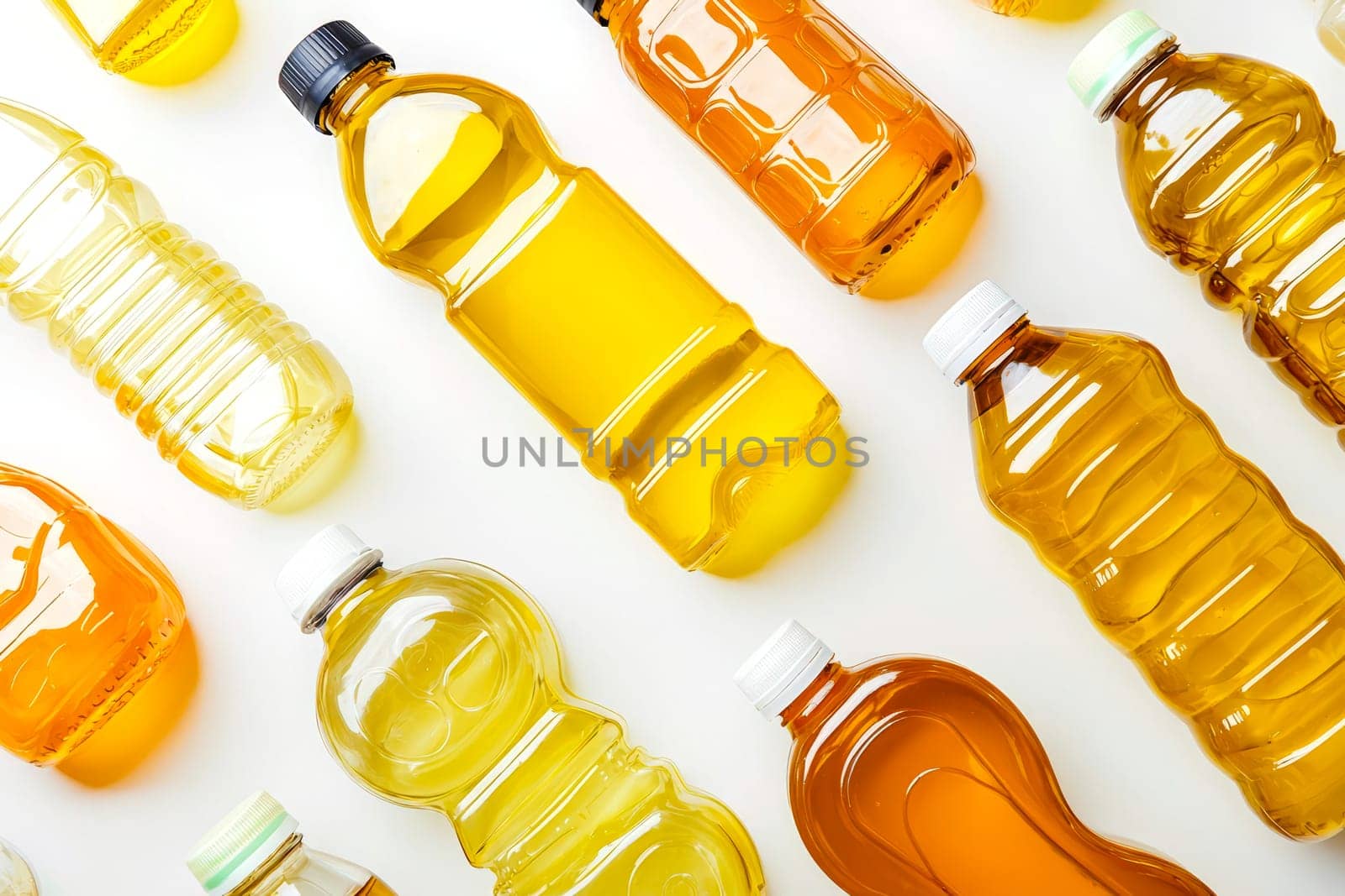 Plastic bottles filled with different types of vegetable oil. Concept of harvest and healthy food. Top view.