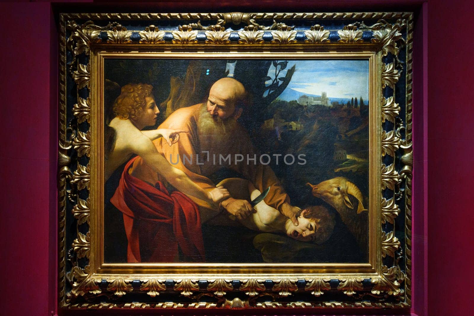 Florence, Italy, January 4, 2024: Sacrifice of Isaac. Caravaggio. Uffizi Gallery painting, Florence