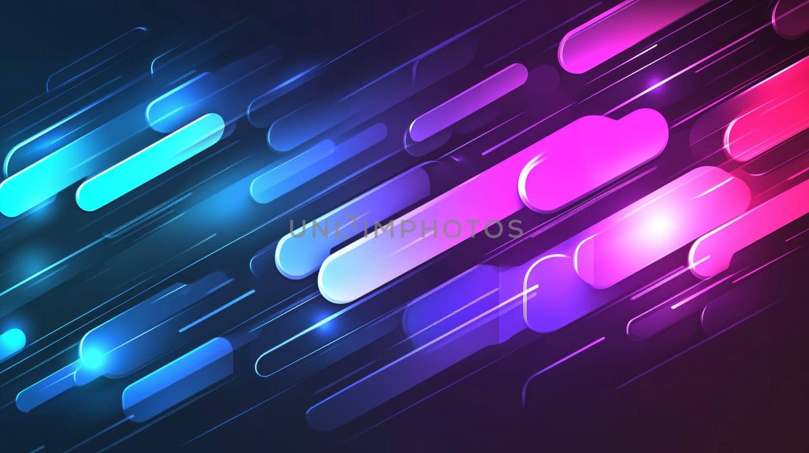 Abstract background with glowing neon rounded rectangles and light trails, creating a sense of speed and motion.