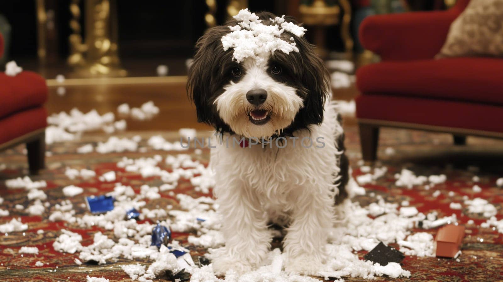 Adorable dog sitting amidst shredded wrapping paper and opened gifts, enjoying festive chaos in a decorated living room