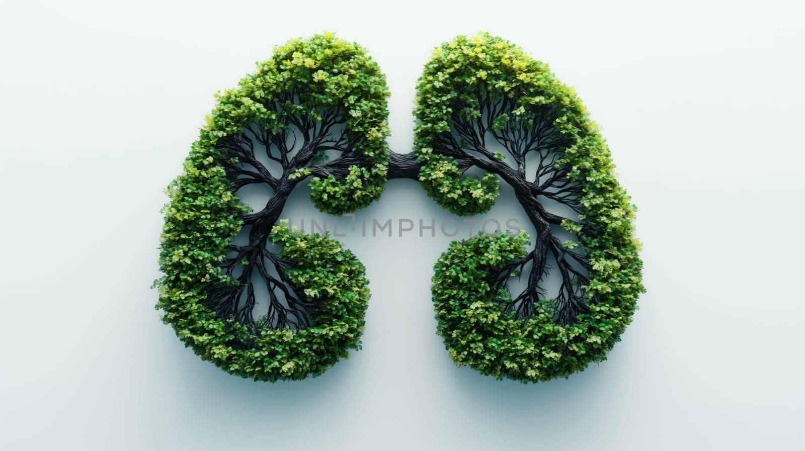 Lush green tree branches form the shape of healthy lungs, symbolizing clean air and respiratory health.