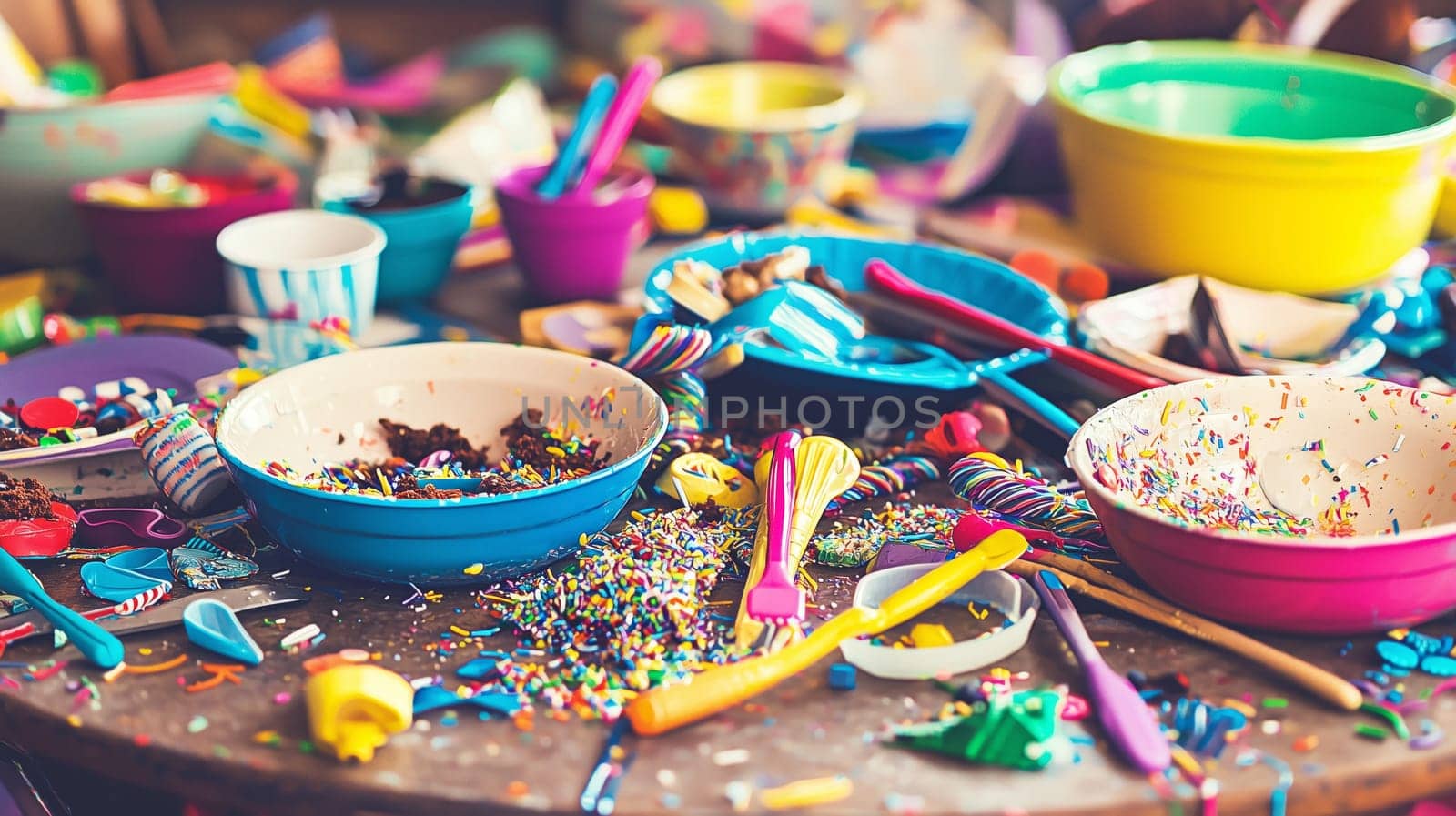 Colorful dishes, sprinkles, and leftover food create a chaotic scene on a table after a children's birthday party