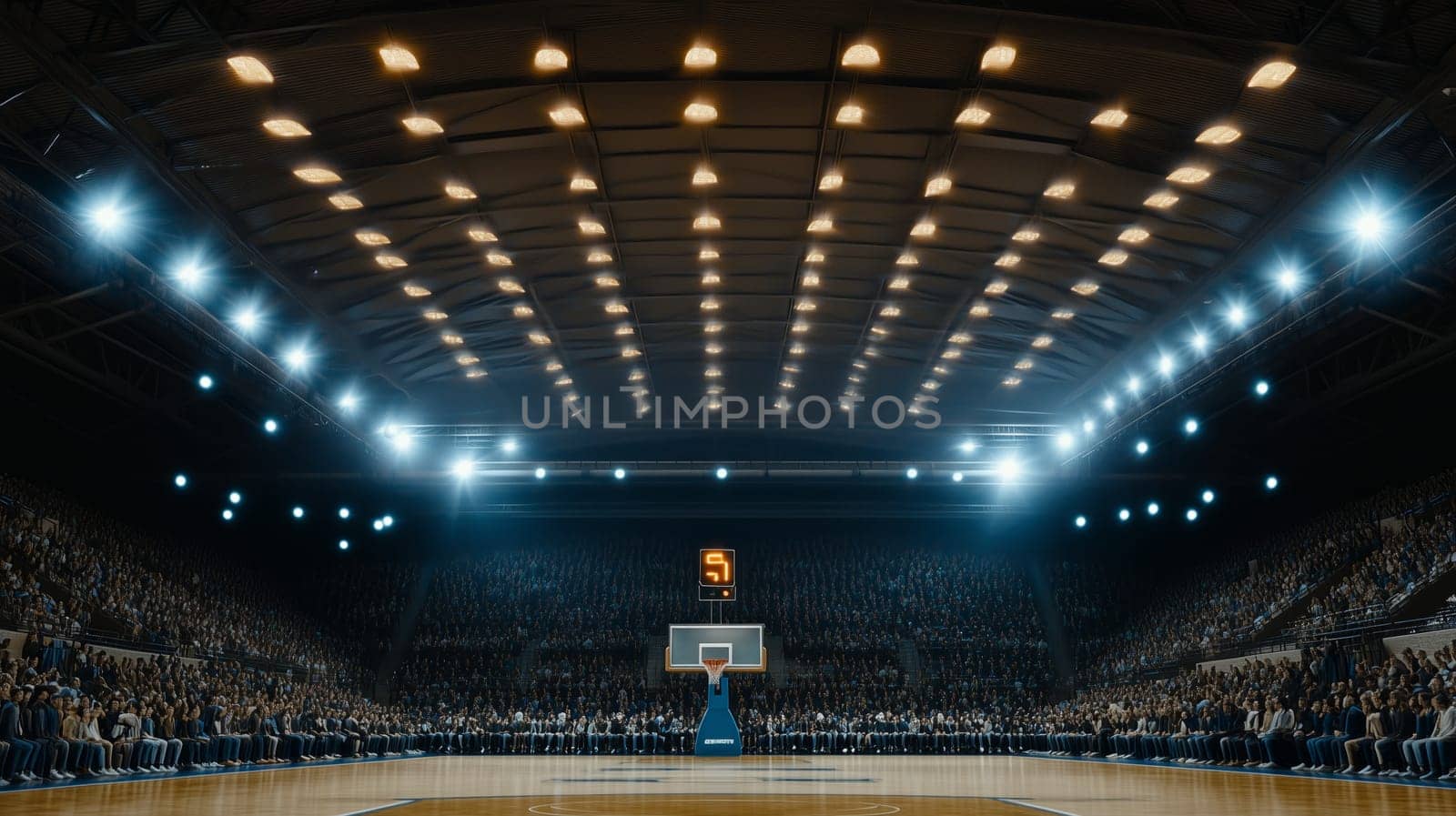 Empty basketball court illuminated by spotlights in a large indoor arena full of spectators ready for the game to start